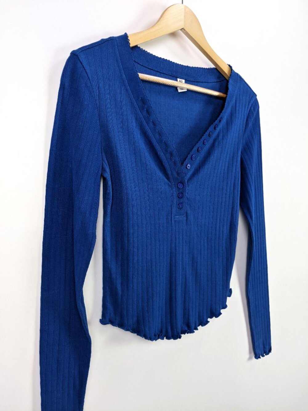 BP. Womens V-neck with Open Button-detail Placket Long Sleeve Top Royal blue - S - Picture 2 of 5